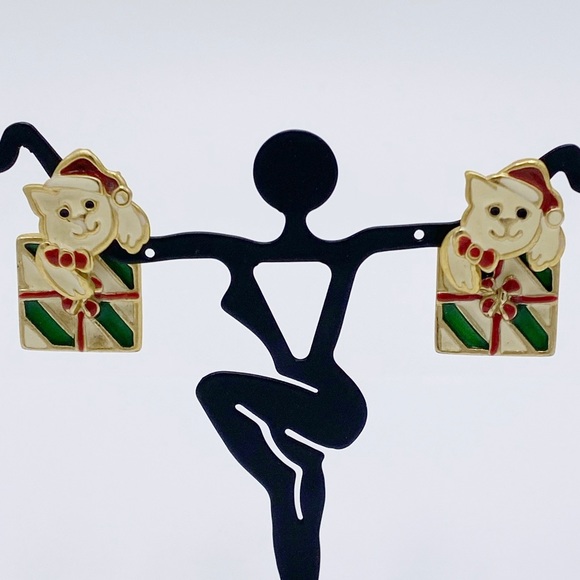 Vintage Cat Christmas Earrings kitten Present Enamel Earrings - Picture 3 of 9
